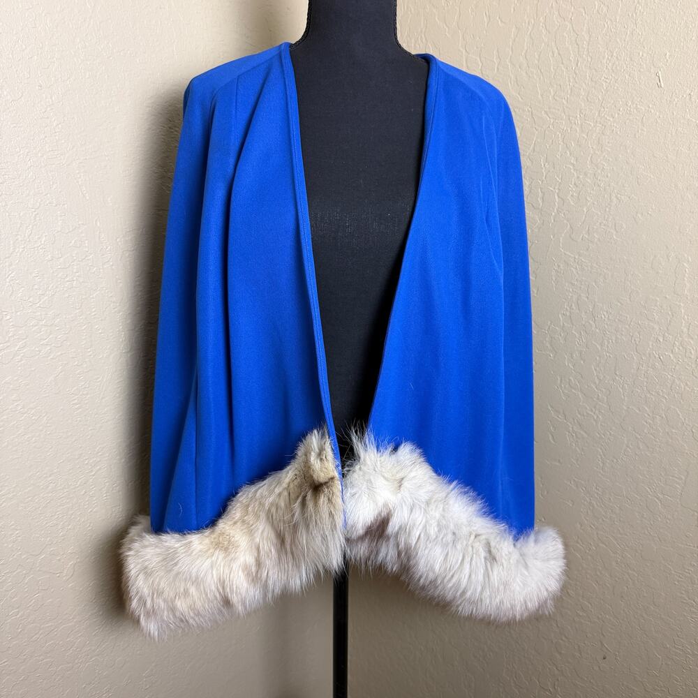 Vintage Claralura Original California Blue Cape Shawl Wrap Fur Trim One Size